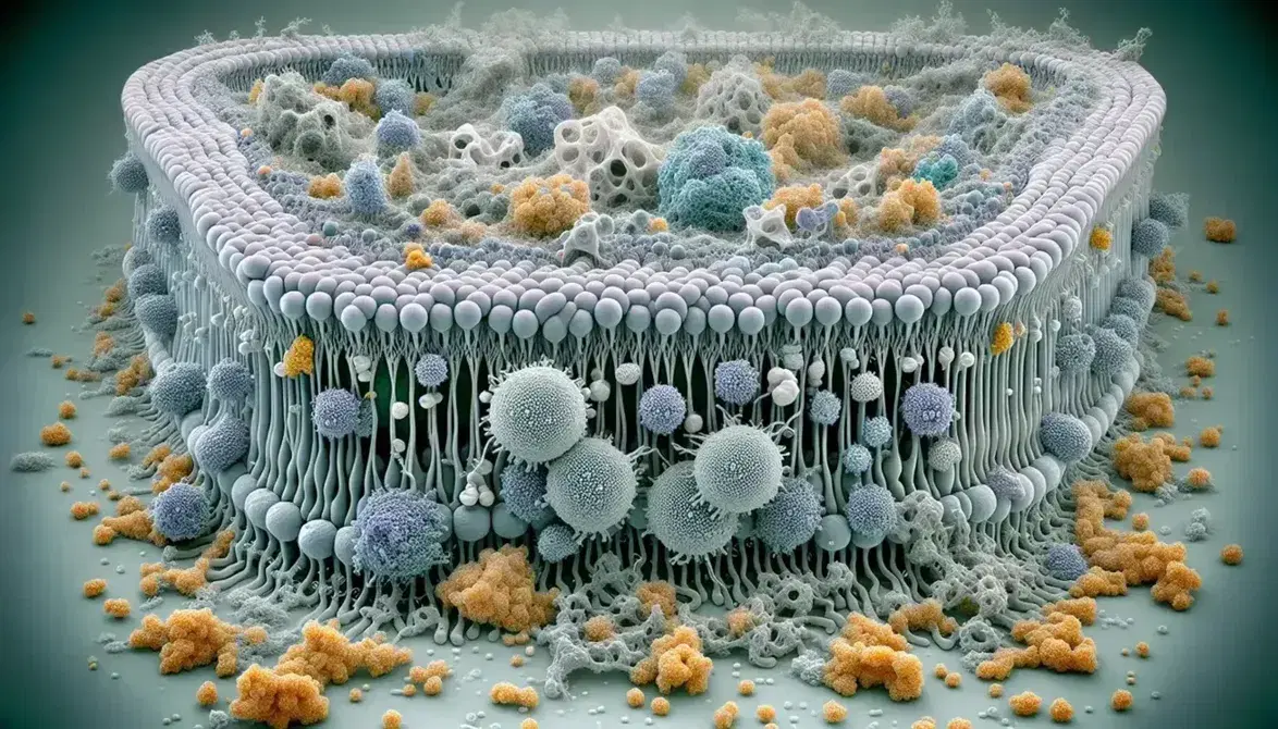 Vista microscópica de la membrana celular con bicapa de fosfolípidos, proteínas incrustadas y moléculas de colesterol, sin texto.