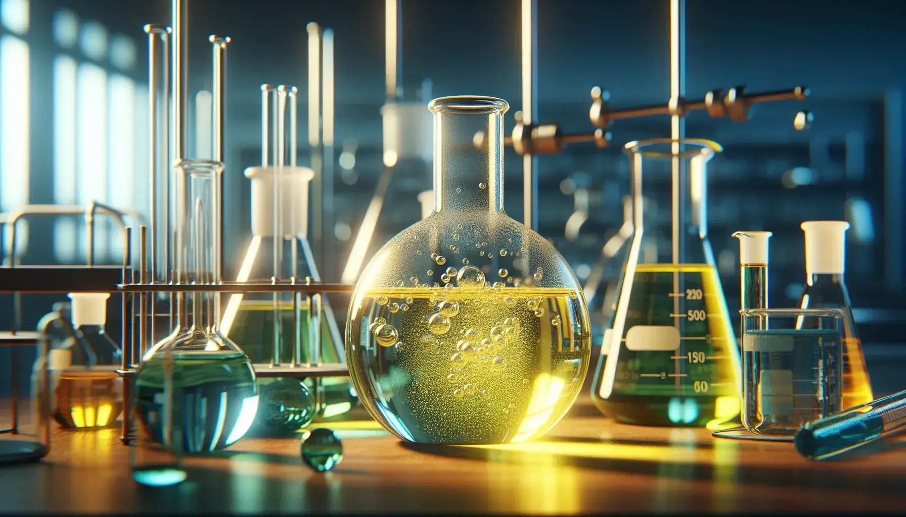 Glass flask on laboratory bench with yellow effervescent liquid, surrounded by glassware with colored solutions, blurred equipment in background.