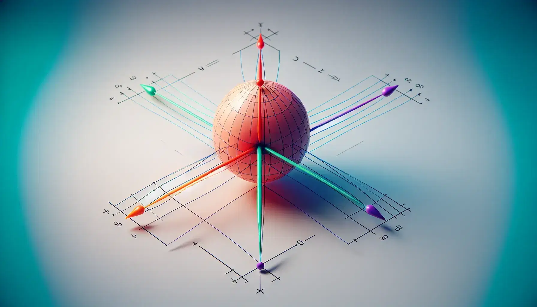 Three-dimensional Cartesian coordinate system with red x-axis, green y-axis, blue z-axis, an orange vector on the xy-plane, and a purple vector along the z-axis.