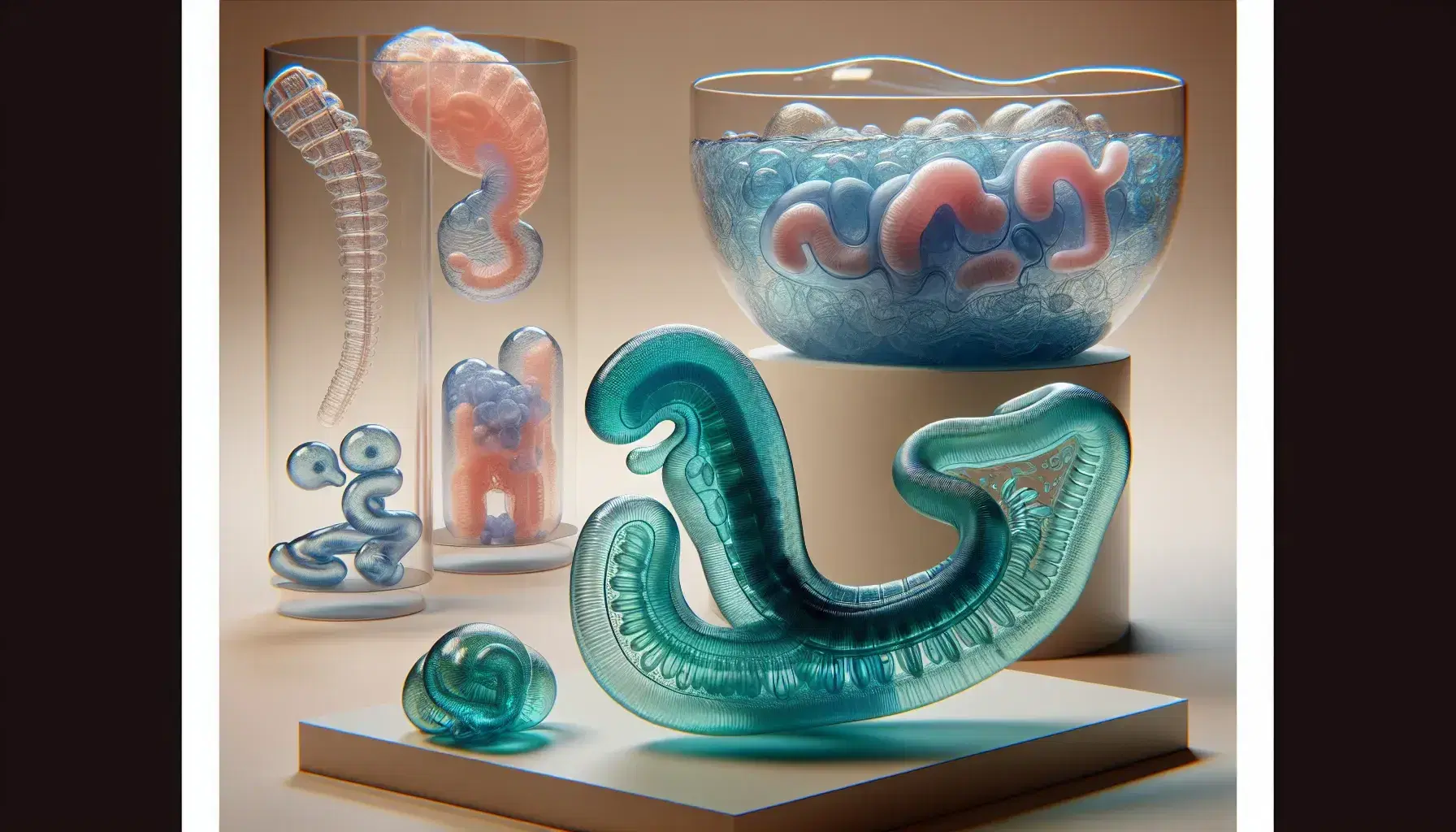 Modelos 3D transparentes que muestran etapas del desarrollo embrionario humano, incluyendo neurulación en azul, tubo digestivo en verde, mesodermo diferenciado en tonos rosas y formación de la cavidad corporal en amarillo.