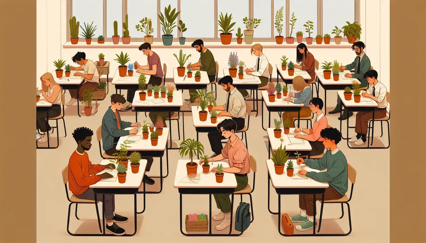 Multi-ethnic school classroom with students intent on taking care of different plants on the desks, in a bright and neutral-coloured environment.