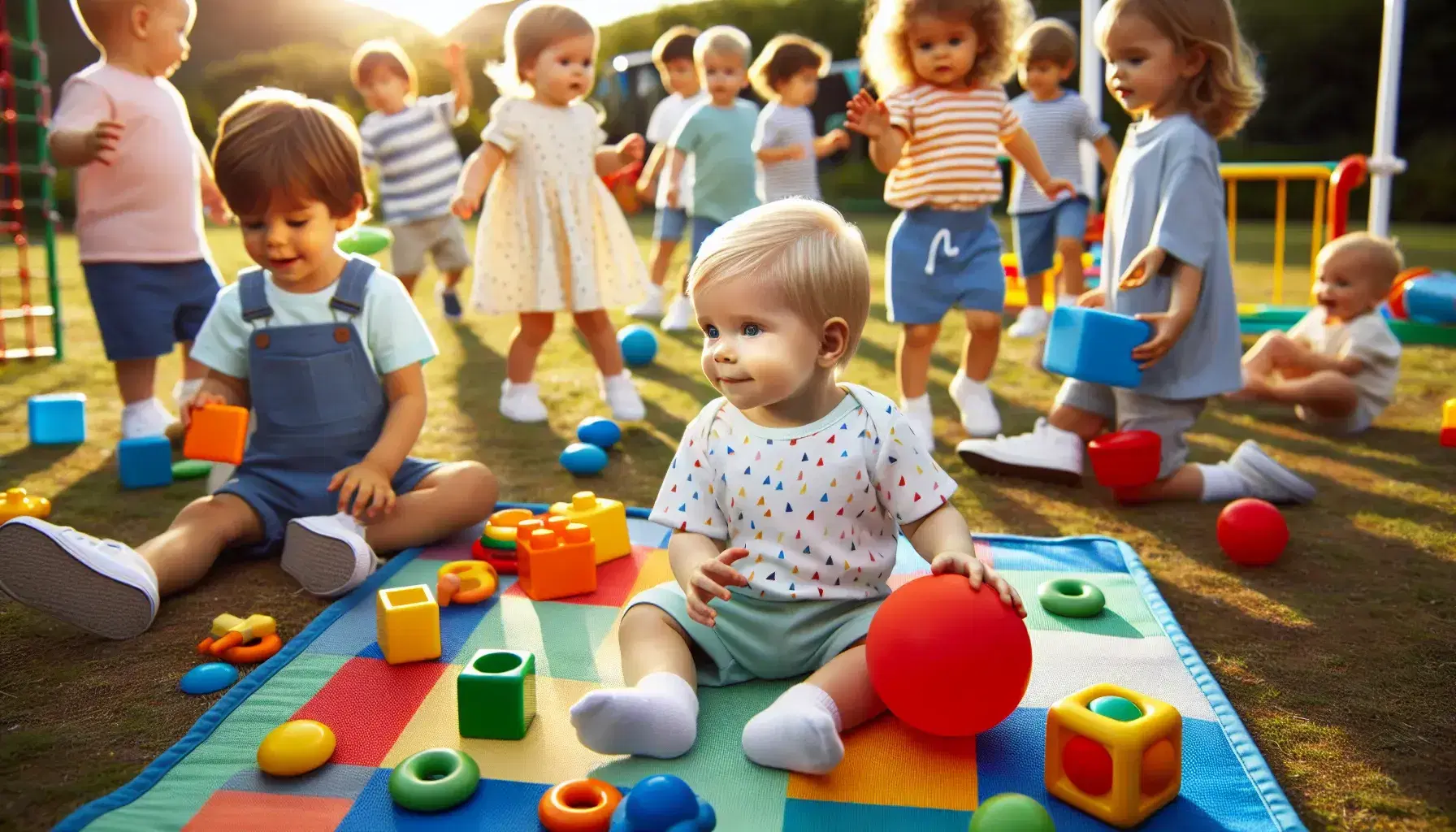 Niños de diversas edades jugando al aire libre en un día soleado, con un bebé sentado en una alfombra de colores, niños compartiendo un balón y otros corriendo en la hierba.