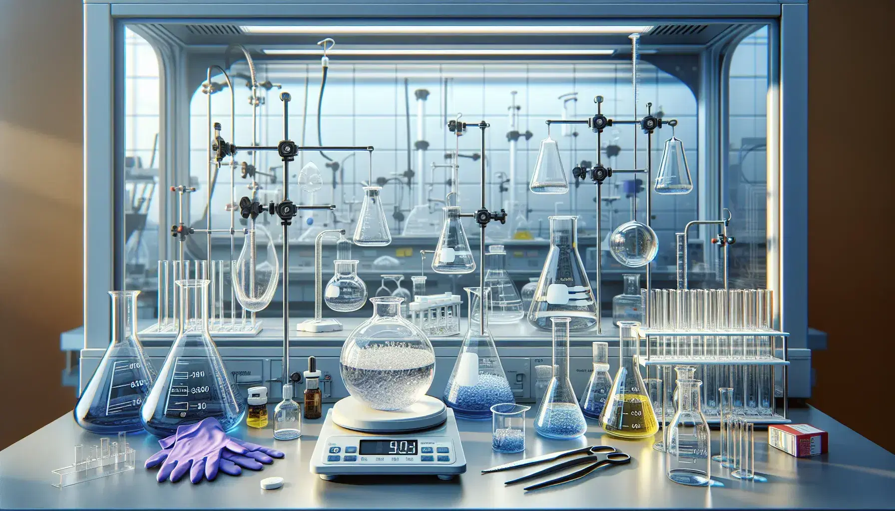 Organic chemistry laboratory with scientific glassware, digital scale with crystalline solid, safety glasses and purple nitrile gloves.