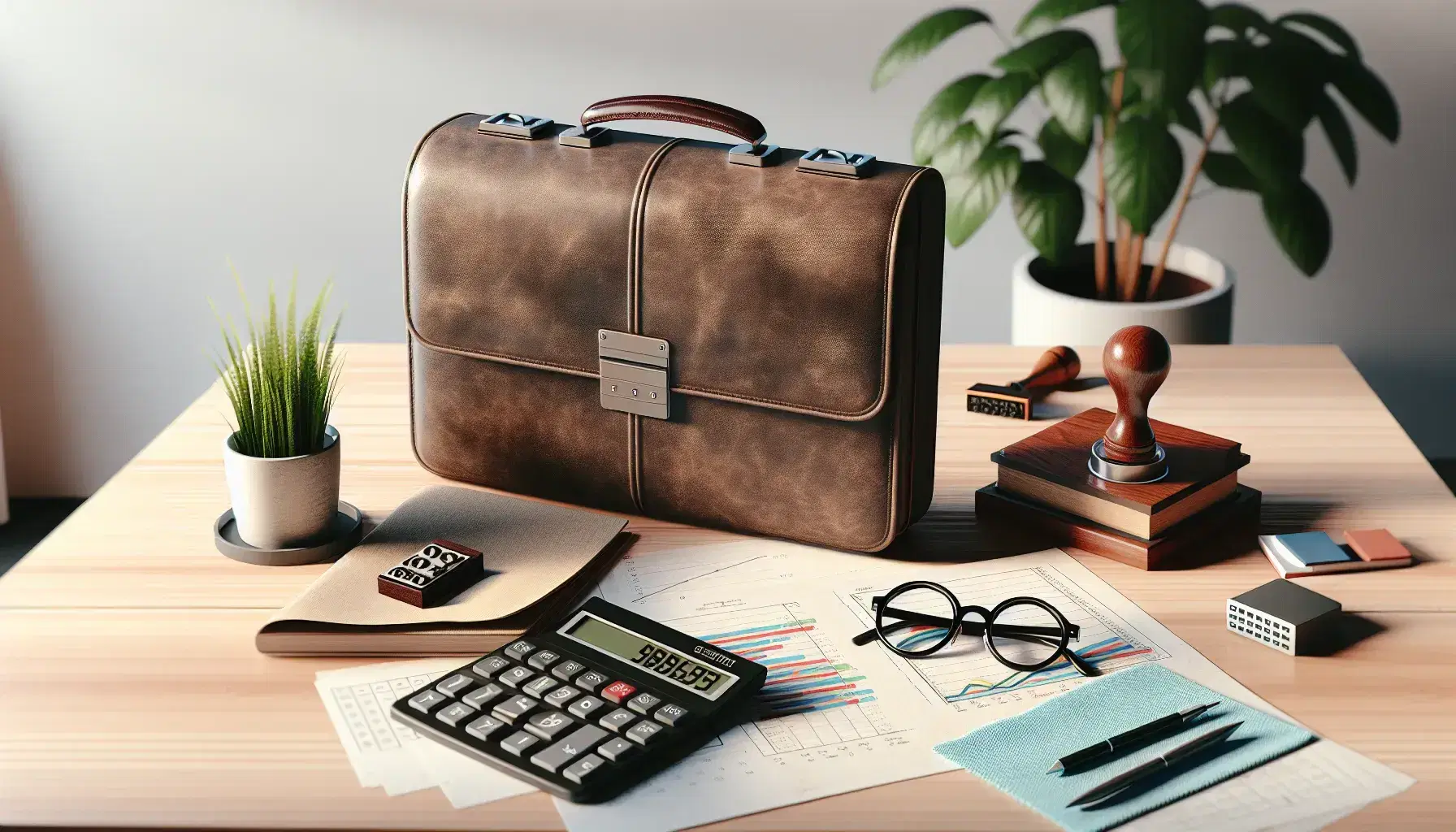 Escritorio de oficina con maletín de cuero marrón, calculadora científica, gráficos impresos, planta en maceta blanca, sello de goma y gafas sobre paño azul.