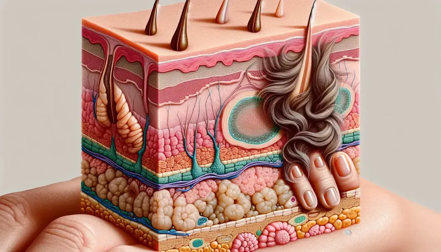 Primer plano de piel humana con sección transversal que muestra capas epidermis, dermis e hipodermis, folículo piloso con cabello y glándula sebácea.