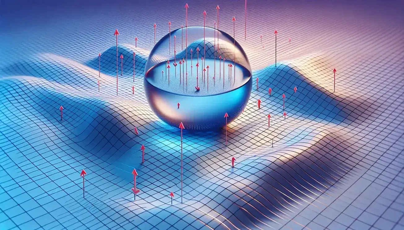 Three-dimensional curved surface in blues and purples with red arrows indicating a vector field, and a glass flask with blue liquid on it.