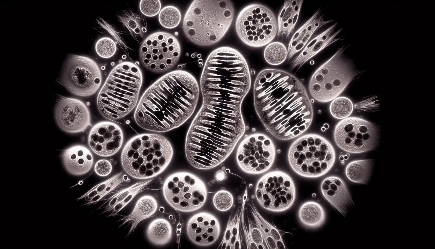 Células en distintas fases de mitosis bajo microscopio óptico, con cromosomas visibles y una en metafase centrada.