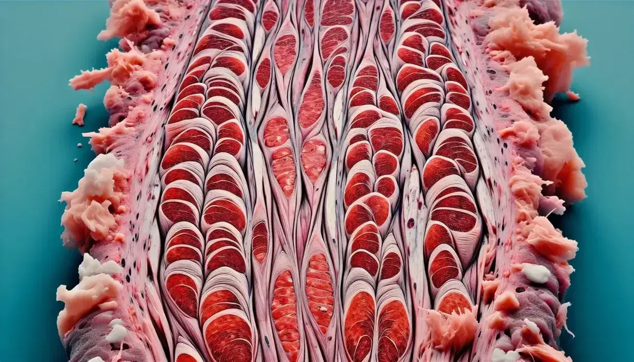Fibras musculares esqueléticas humanas en biopsia, mostrando alineación paralela y tonalidades rojizas por mioglobina, con tejido conectivo de fondo.