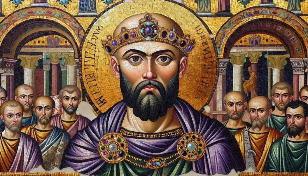 Mosaico dettagliato con figura centrale in tunica viola, mantello blu scuro e diadema d'oro, circondata da uomini in armatura su sfondo dorato con colonne e archi.