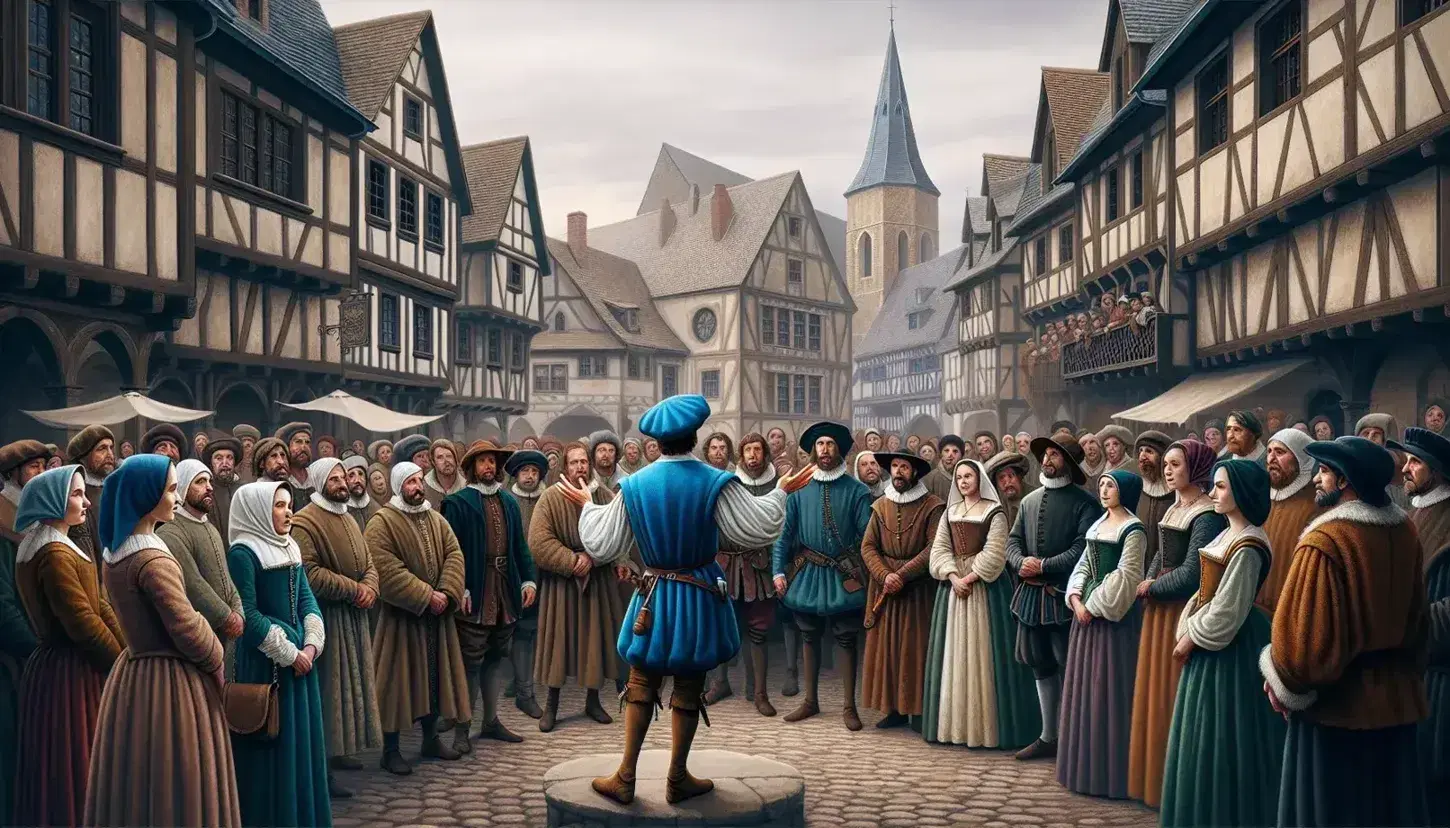 16th-century European town square scene with period-dressed crowd listening to a man in a blue tunic, surrounded by half-timbered houses and a stone church.