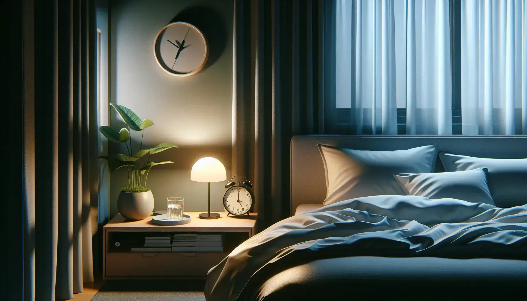 Tidy bedroom with soft lamp light, bed with white bedspread and blue pillow, clock and plant on the bedside table.