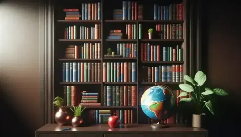 Libreria in legno scuro piena di libri colorati, mappamondo su piedistallo e mela rossa accanto, pianta in vaso su ripiano superiore.