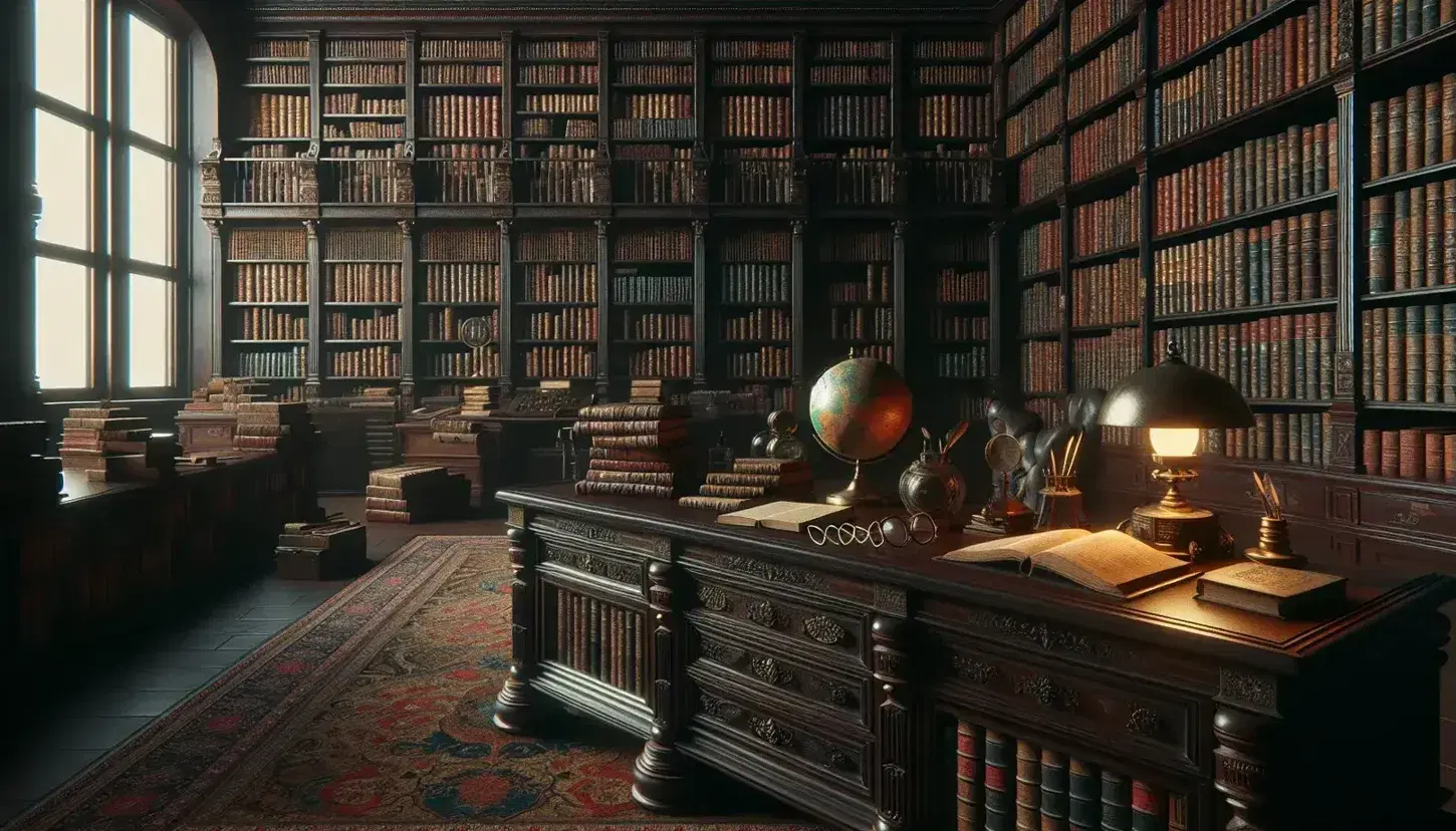 Biblioteca antica con scaffali in legno scuro pieni di libri rilegati, scrivania con inchiostro e globo, tappeto persiano e lampada da tavolo.
