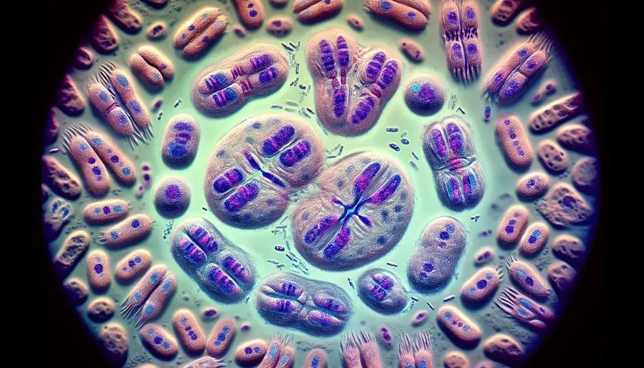 Células en distintas fases de mitosis bajo microscopio óptico, con cromosomas visibles en tonos azules y morados, destacando una en metafase.