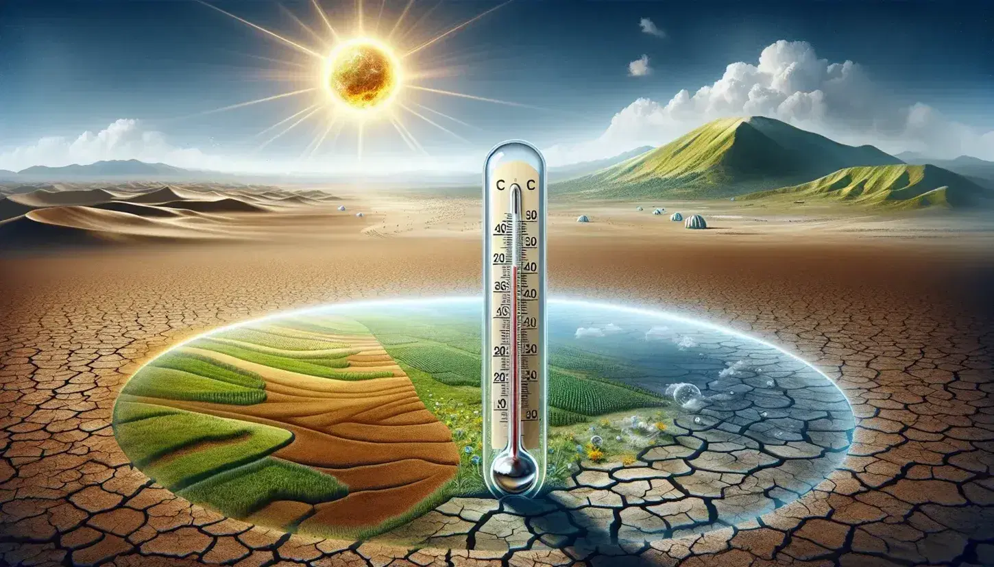 Termómetro de mercurio en suelo seco y agrietado con fondo de vegetación y cielo azul claro, simbolizando altas temperaturas y calor intenso.