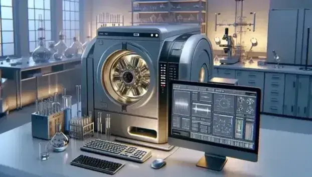 Modern nuclear magnetic resonance spectrometer in laboratory with computer and scientific glassware on evenly lit workbench.