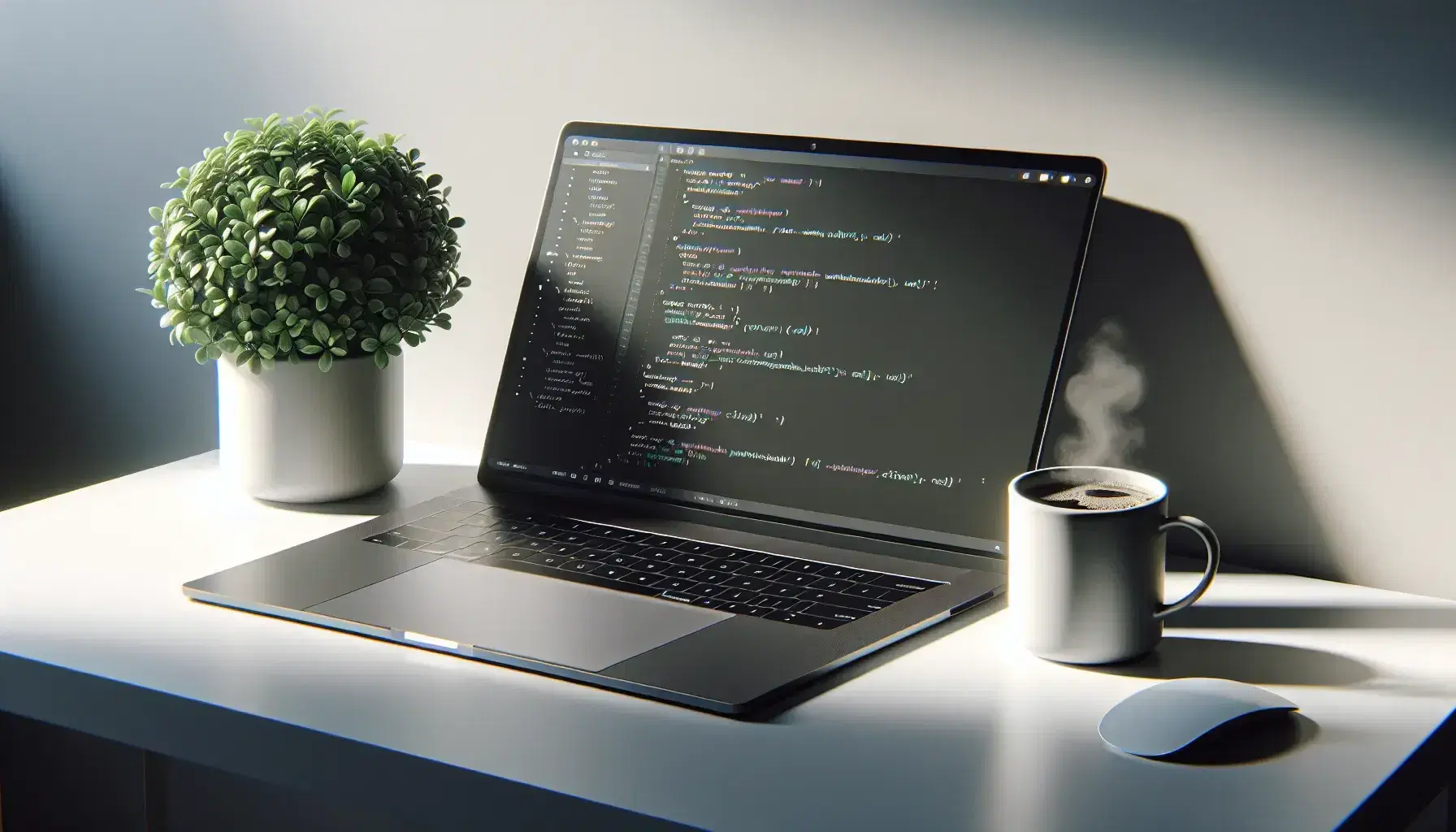 Close-up of modern laptop with silver finish on white desk, cup of coffee and green plant, bright and minimalist environment.