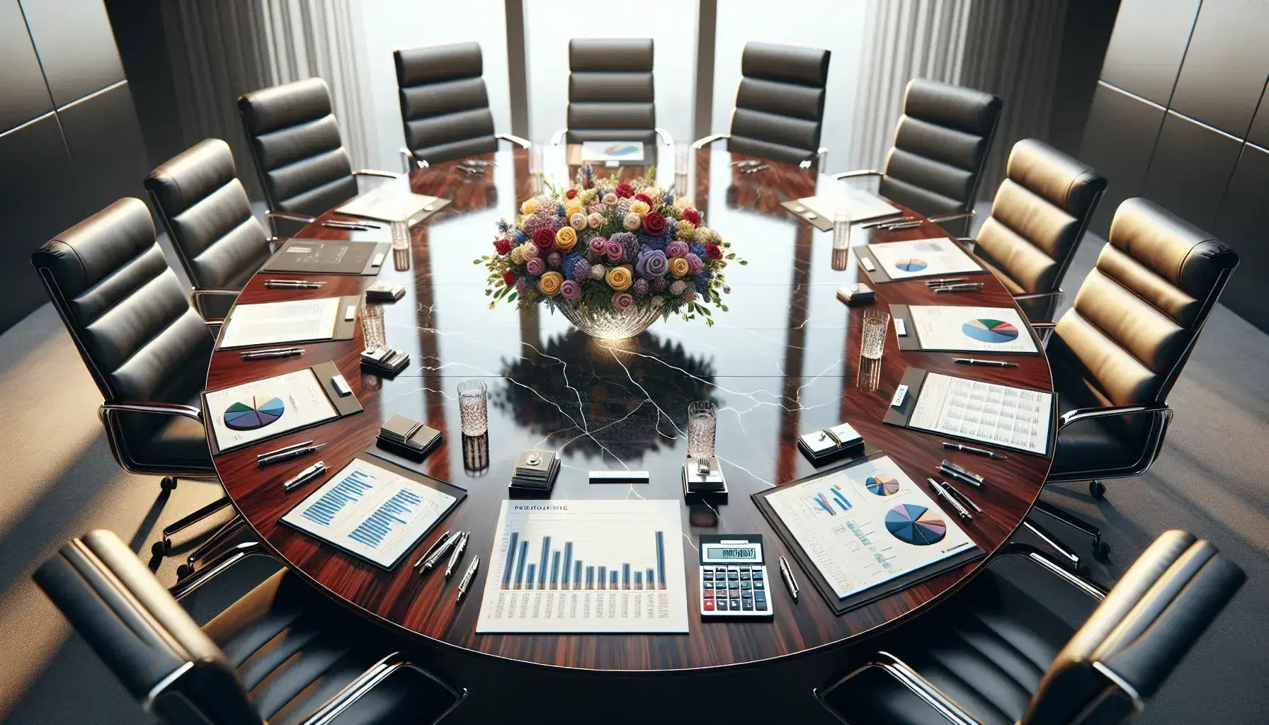 Polished wooden conference table with high-back leather chairs, financial documents, colorful pie charts, calculator, and a vase of assorted flowers.