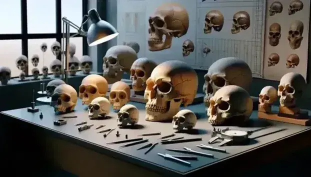 Laboratorio di paleoantropologia con tavolo di lavoro contenente fossili e calchi di crani umani e ominidi, strumenti di misura e scheletro umano completo.