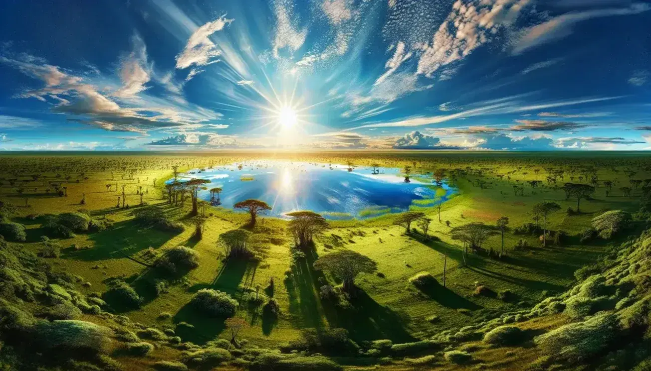 Paesaggio naturale con lago calmo che riflette il cielo azzurro e nuvole, circondato da erba verde e alberi frondosi.