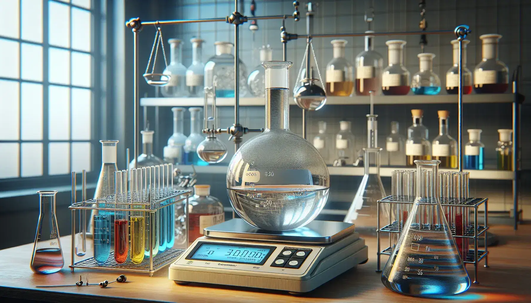 Laboratorio de química orgánica con matraz de fondo redondo, mechero Bunsen encendido y tubos de ensayo con líquidos de colores, junto a balanza analítica y frascos de vidrio.