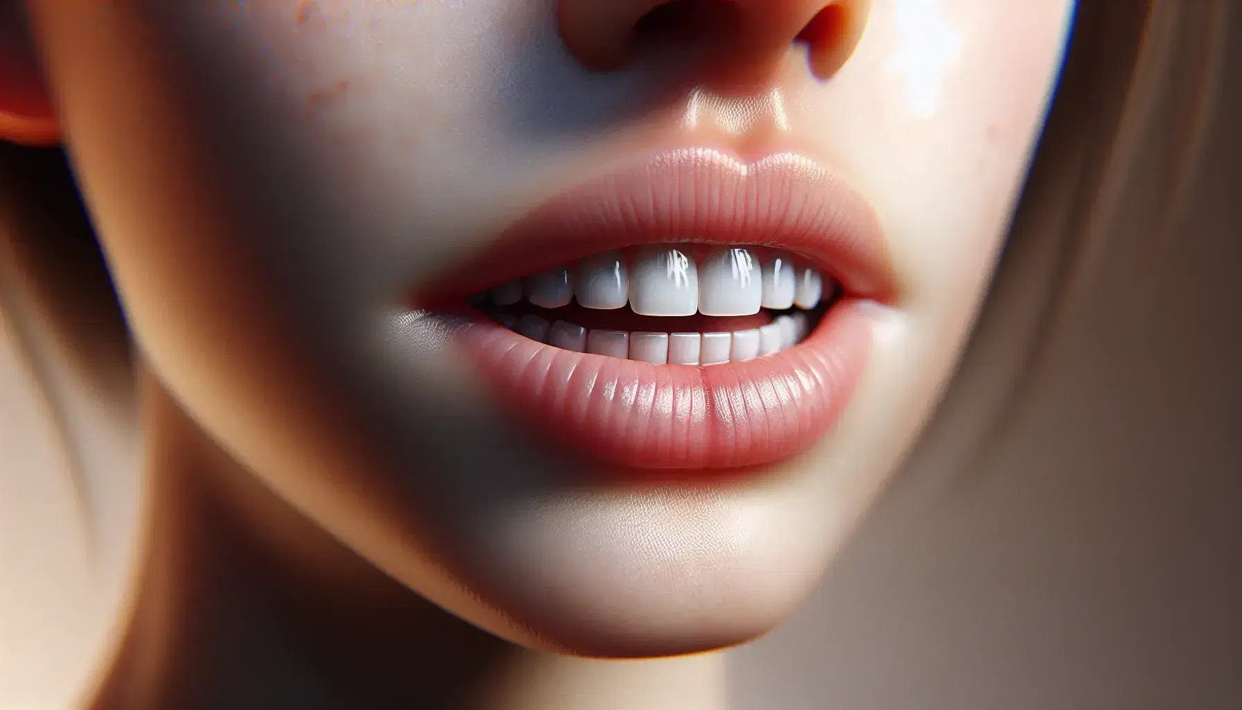 Close-up view of a person's mouth with slightly parted lips showing healthy white teeth with natural shades and pink gums, in soft lighting.