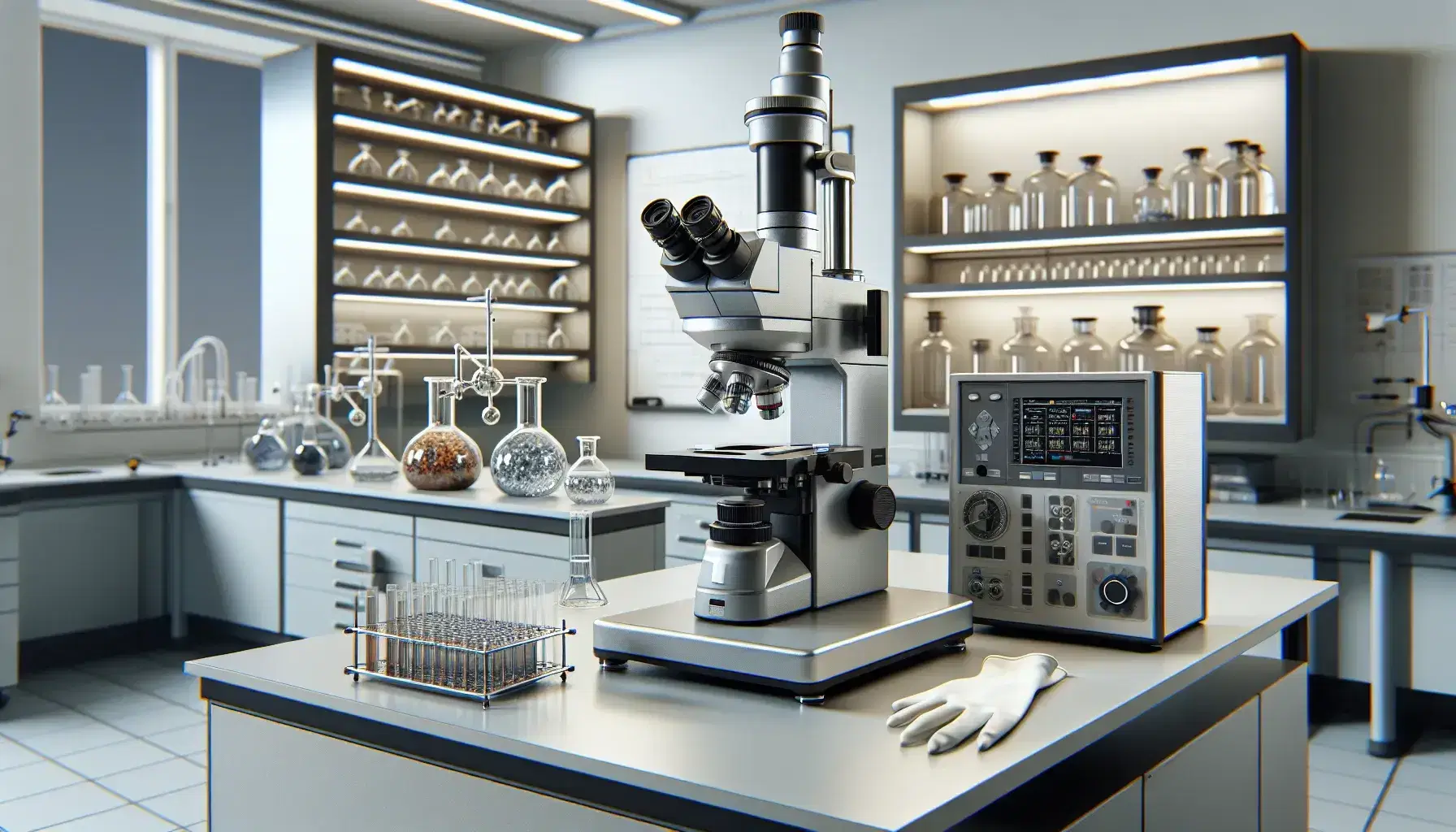 Laboratorio de física moderno con microscopio electrónico y espectrómetro de masas sobre mesa, guantes y gafas de seguridad, estantes con frascos y silla ergonómica.