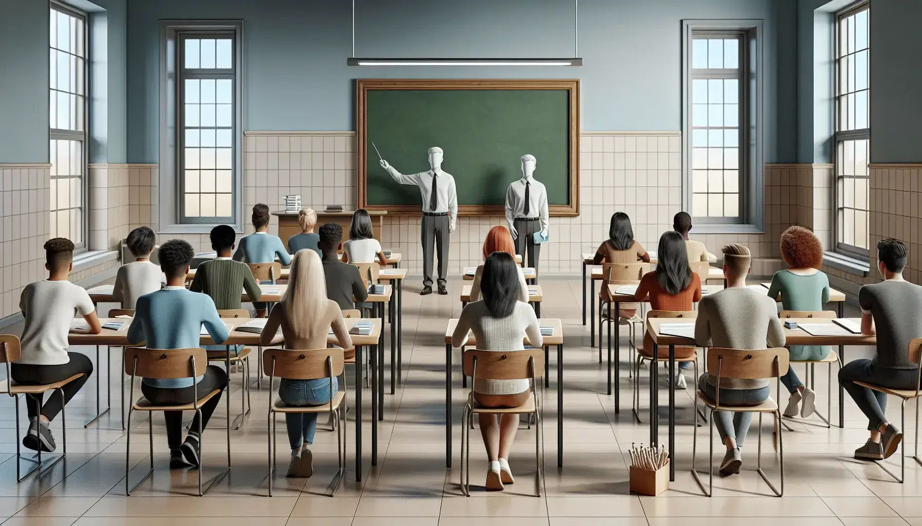 Diverse group of students attentively facing a gender-neutral teacher pointing at a blank chalkboard in a well-lit, decoration-free classroom.