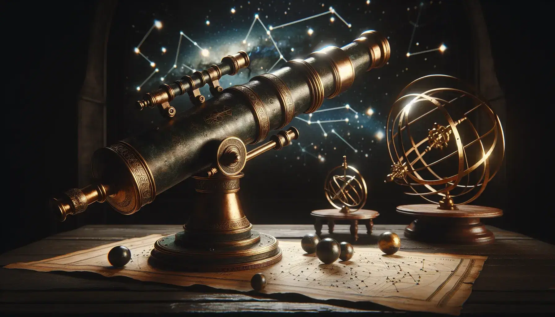 Telescopio antico in bronzo su treppiede di legno con sfondo di cielo stellato, sfera armillare dorata e foglio con disegni astrali.