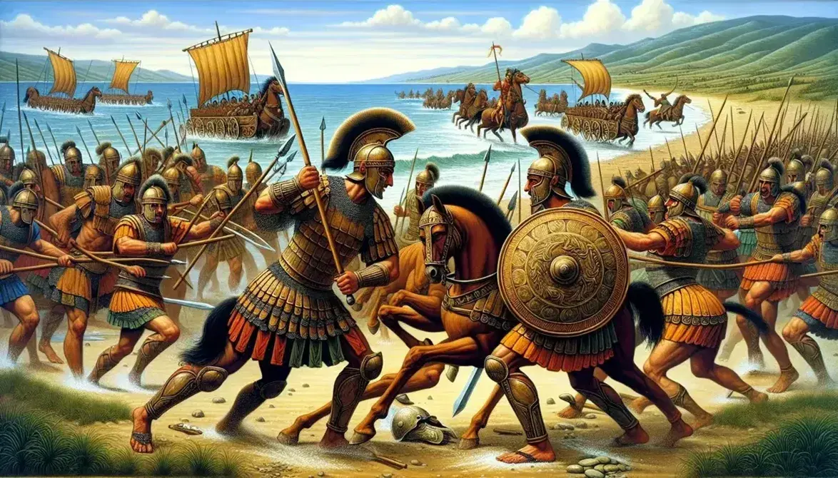 Guerreros con armaduras de bronce luchan en antiguo campo de batalla, con carros de guerra y barcos al fondo bajo cielo azul.