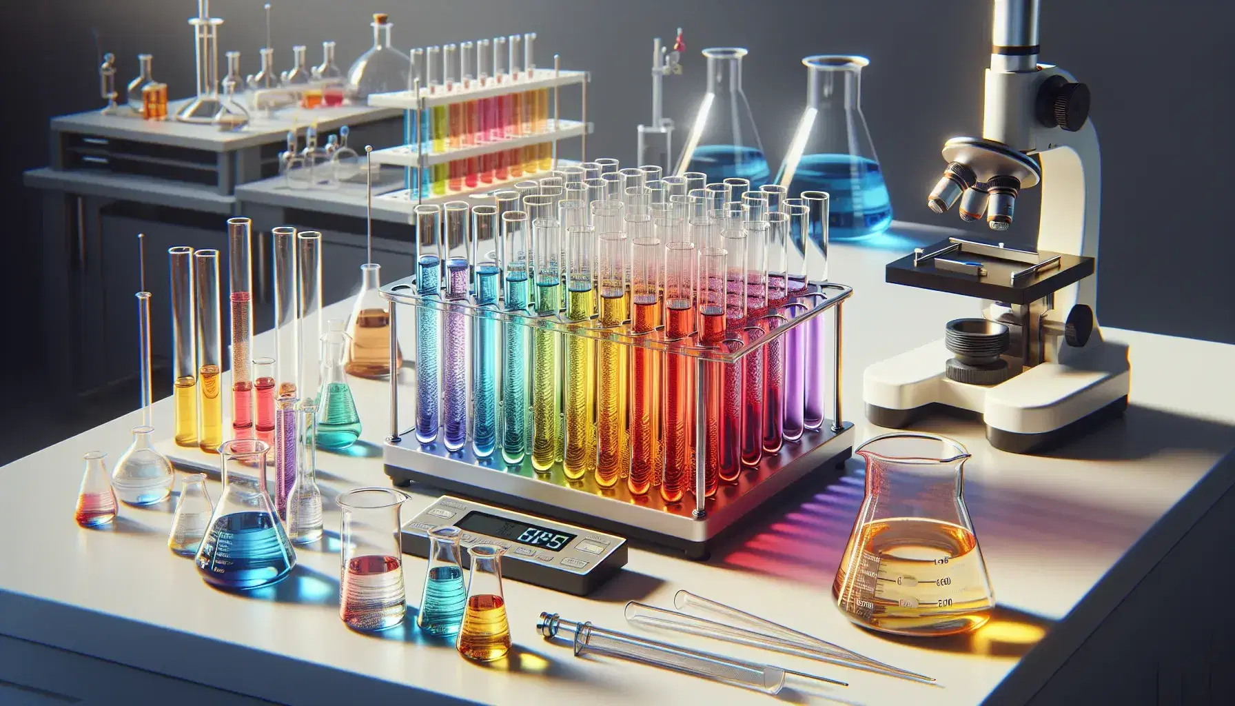 Laboratorio scientifico con provette colorate in fila, becher con soluzione e agitatore magnetico, cilindro graduato e microscopio su banco di lavoro pulito.
