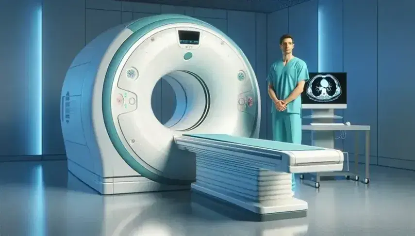 Modern PET/CT scanner in a medical imaging room with a healthcare professional in teal scrubs and a dual-monitor workstation displaying scan results.