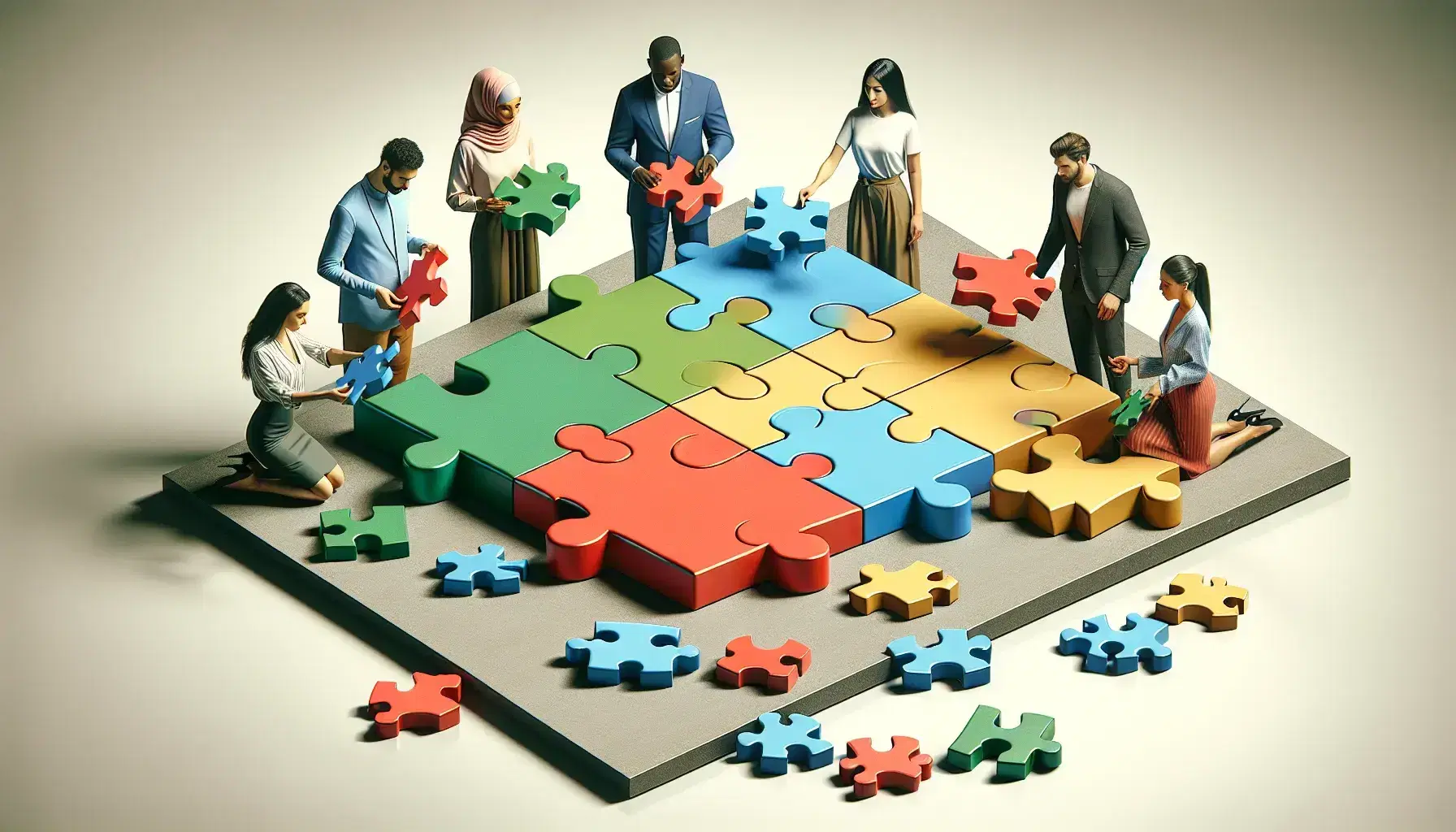 Diverse team collaboratively assembling large puzzle pieces on a gray surface, reflecting teamwork in a problem-solving concept.