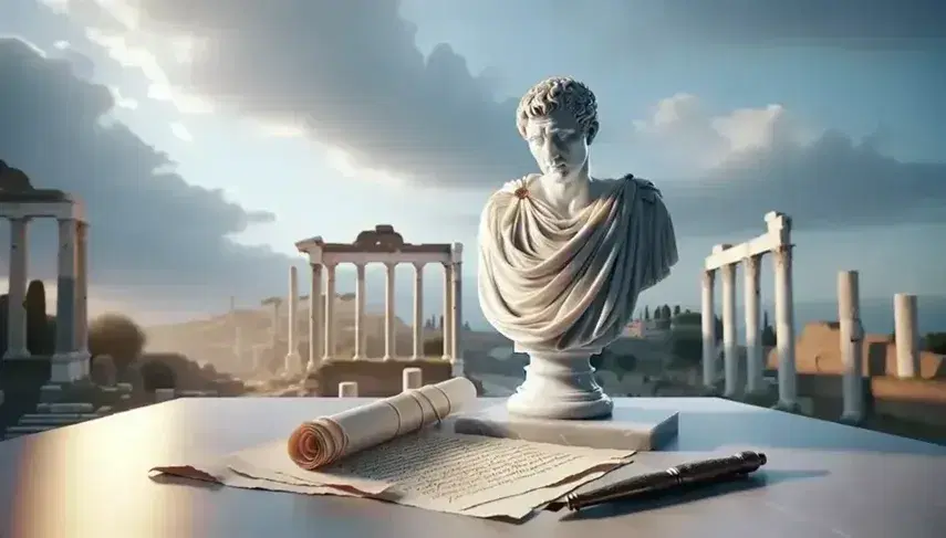 Statua in marmo del poeta romano Catullo in toga, con papiro e penna in bronzo su sfondo di rovine antiche e cielo azzurro.