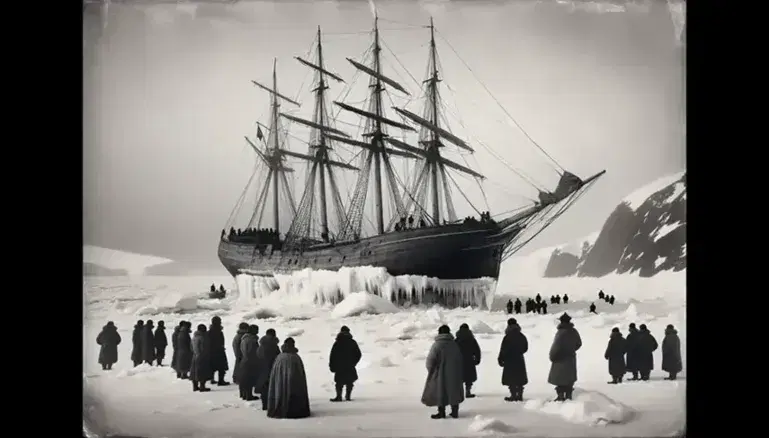 Wooden sailing ship trapped in Antarctic ice with men in heavy suits exploring the frigid, inhospitable landscape.