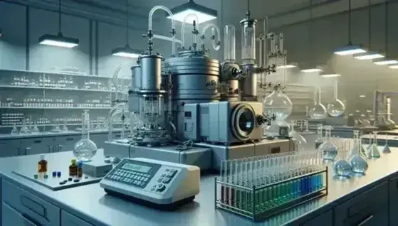 Laboratorio scientifico moderno con spettrometro di massa centrale, provette colorate su bancone e bilancia analitica digitale.