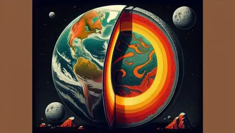 Cross section of Earth showing crust, mantle with molten rock movements, outer and inner core, with cratered Moon and tectonic boundary in foreground.
