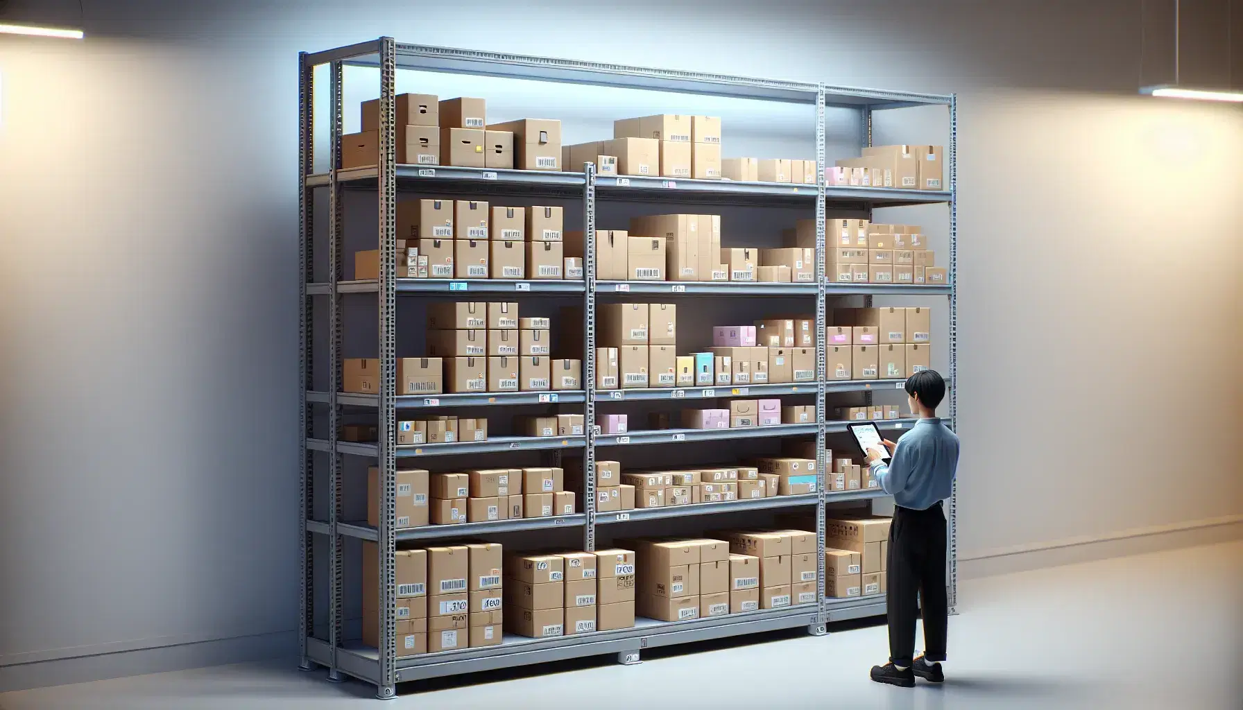 Estante metálico con cajas de cartón organizadas y persona utilizando dispositivo electrónico de mano en almacén iluminado artificialmente.