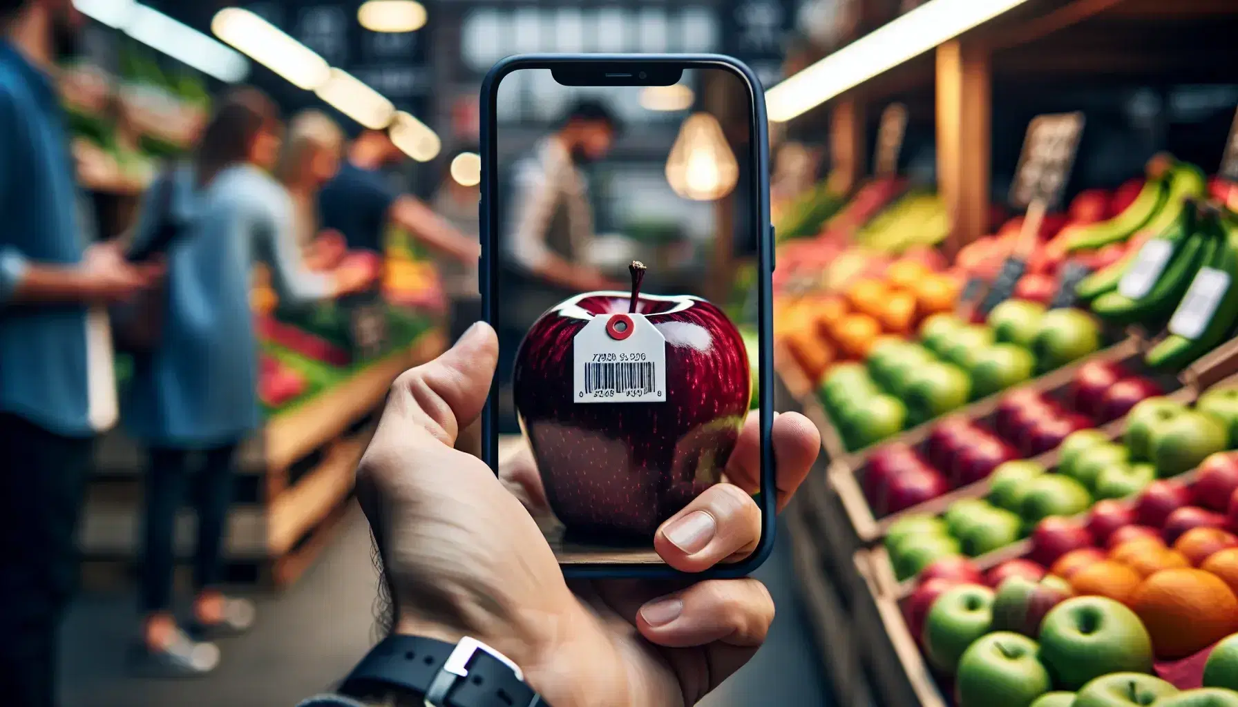 Bright red apple with price tag on wooden stall in modern marketplace, shopper using smartphone to scan price, surrounded by colorful fresh fruits.