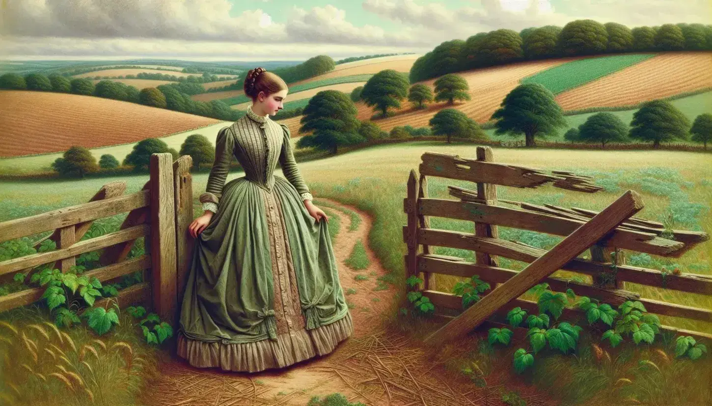 Victorian woman in earth-toned dress stands by a wooden fence in a pastoral landscape with rolling hills and a clear sky.