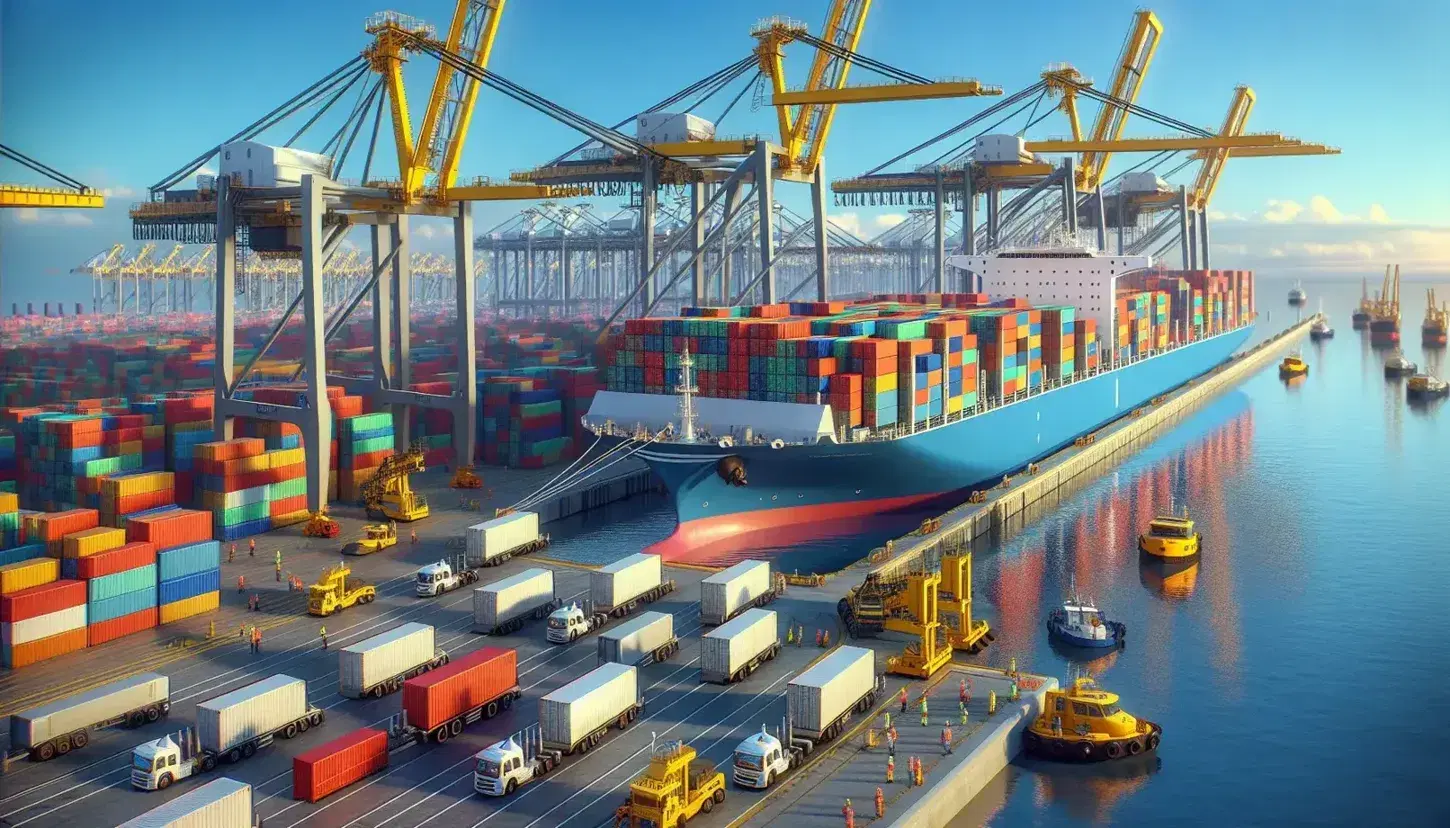 Busy commercial port with a blue and white cargo ship being loaded by yellow cranes, colorful containers on deck, and workers guiding the process.