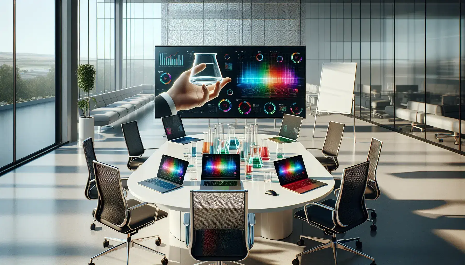 Modern office setup with an oval white table, ergonomic chairs, colorful laptops, a blank whiteboard, and a glass beaker held over a laptop, in a well-lit room.