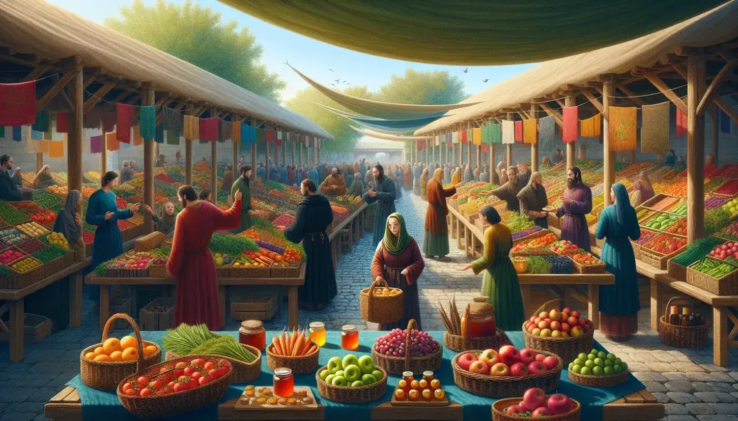 Mercado al aire libre con mesas de frutas, verduras, miel y mermeladas, vendedores atendiendo clientes y árboles al fondo en un día soleado.