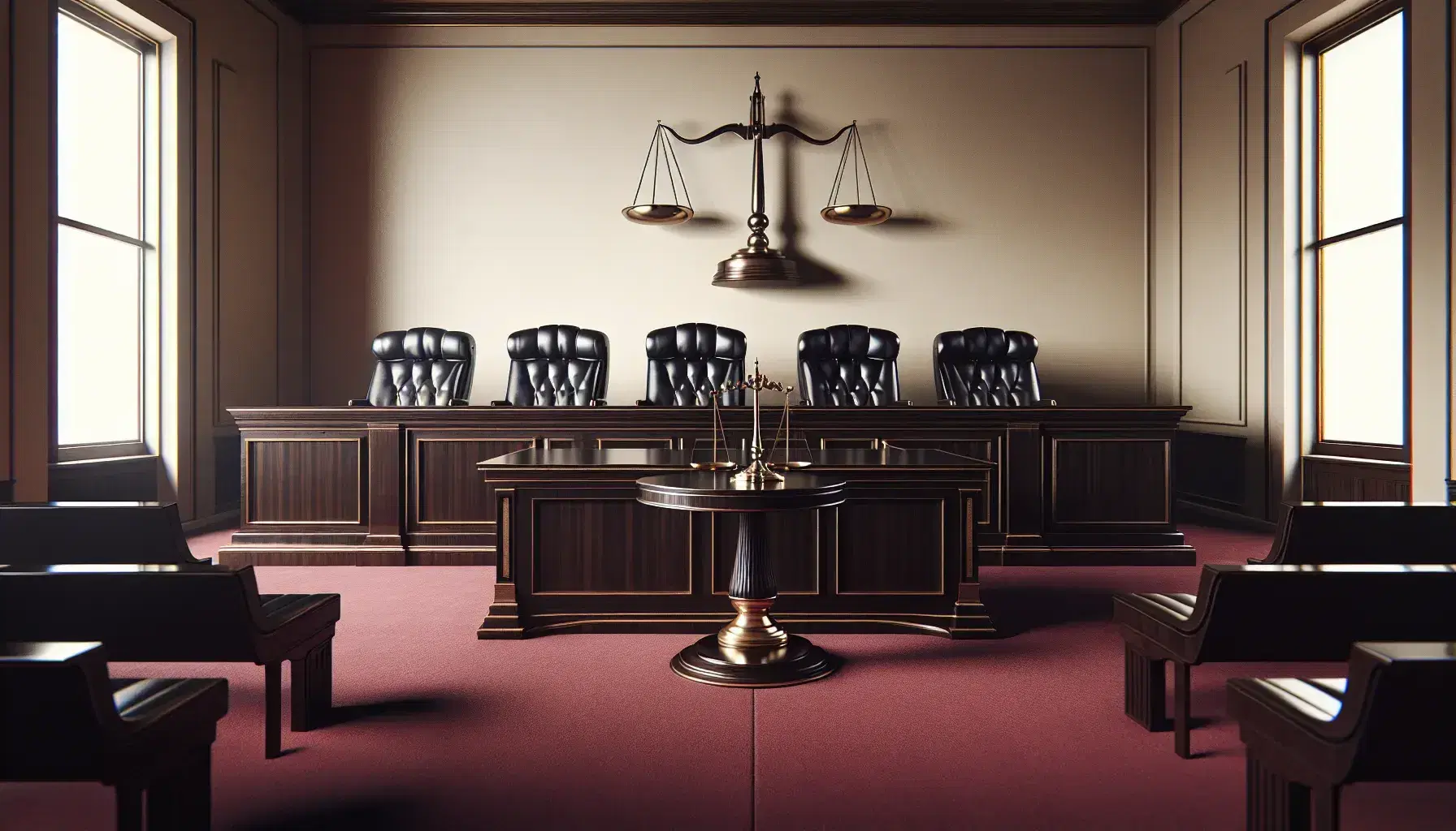 Aula di tribunale vuota con banco del giudice in legno scuro, sedie in pelle nera, bilancia della giustizia in ottone e moquette rossa.