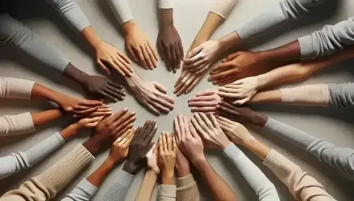 Manos de diversas etnias y edades formando un círculo en fondo neutro, simbolizando unidad y diversidad, sin joyas ni elementos distractores.