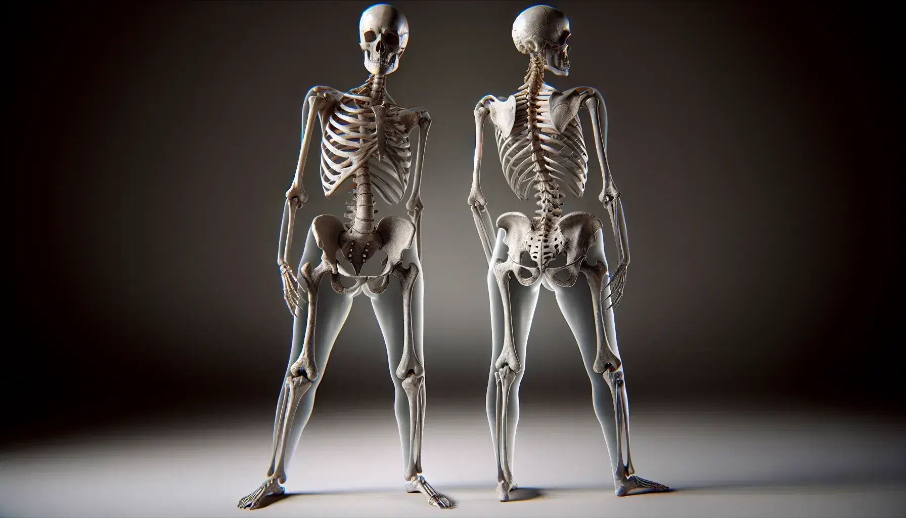 Esqueletos humano de pie mostrando diferencias anatómicas entre pelvis femenina y masculina, con detalles de huesos ilíacos y sacro.