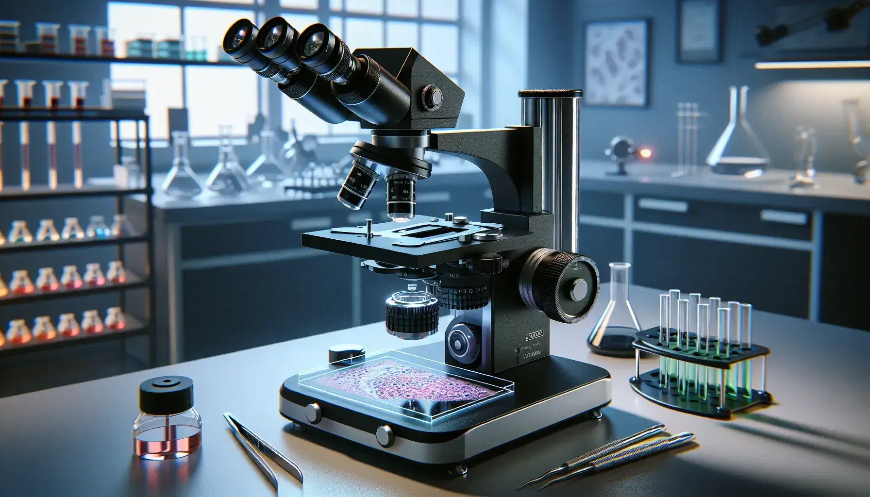 Microscopio ottico moderno su tavolo da laboratorio con pinzette, contagocce, guanti in lattice e vetrino aggiuntivo, in ambiente di ricerca scientifica.