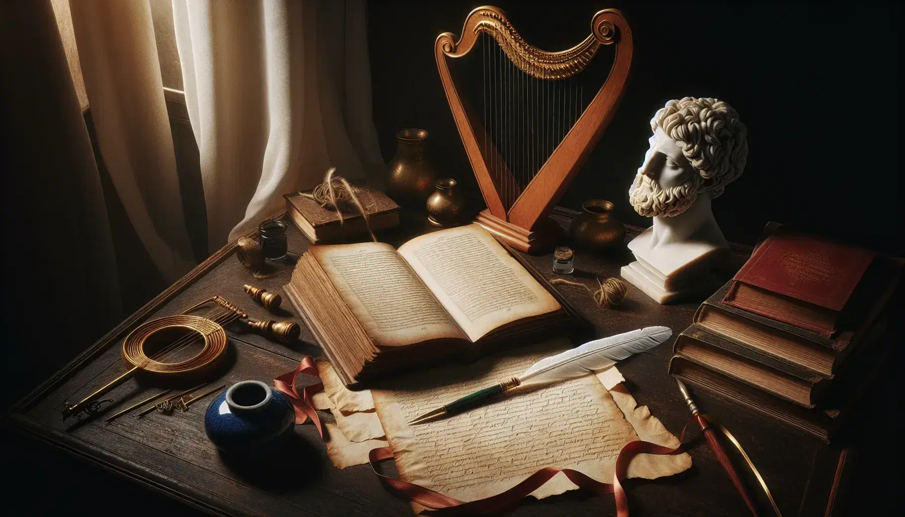 Scrivania in legno con libro aperto, calamaio e penna d'oca, statuetta marmorea, pergamena arrotolata e lira in ambiente antico.