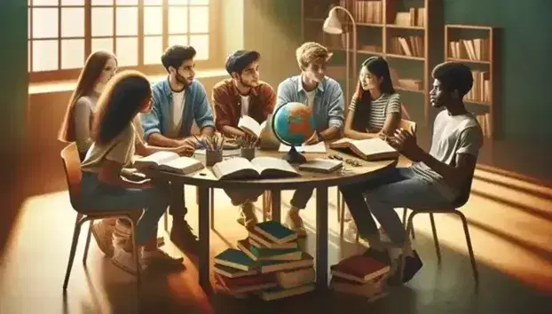Grupo diverso de estudiantes debatiendo en torno a una mesa redonda con libros, un globo y un portátil en una sala iluminada naturalmente.