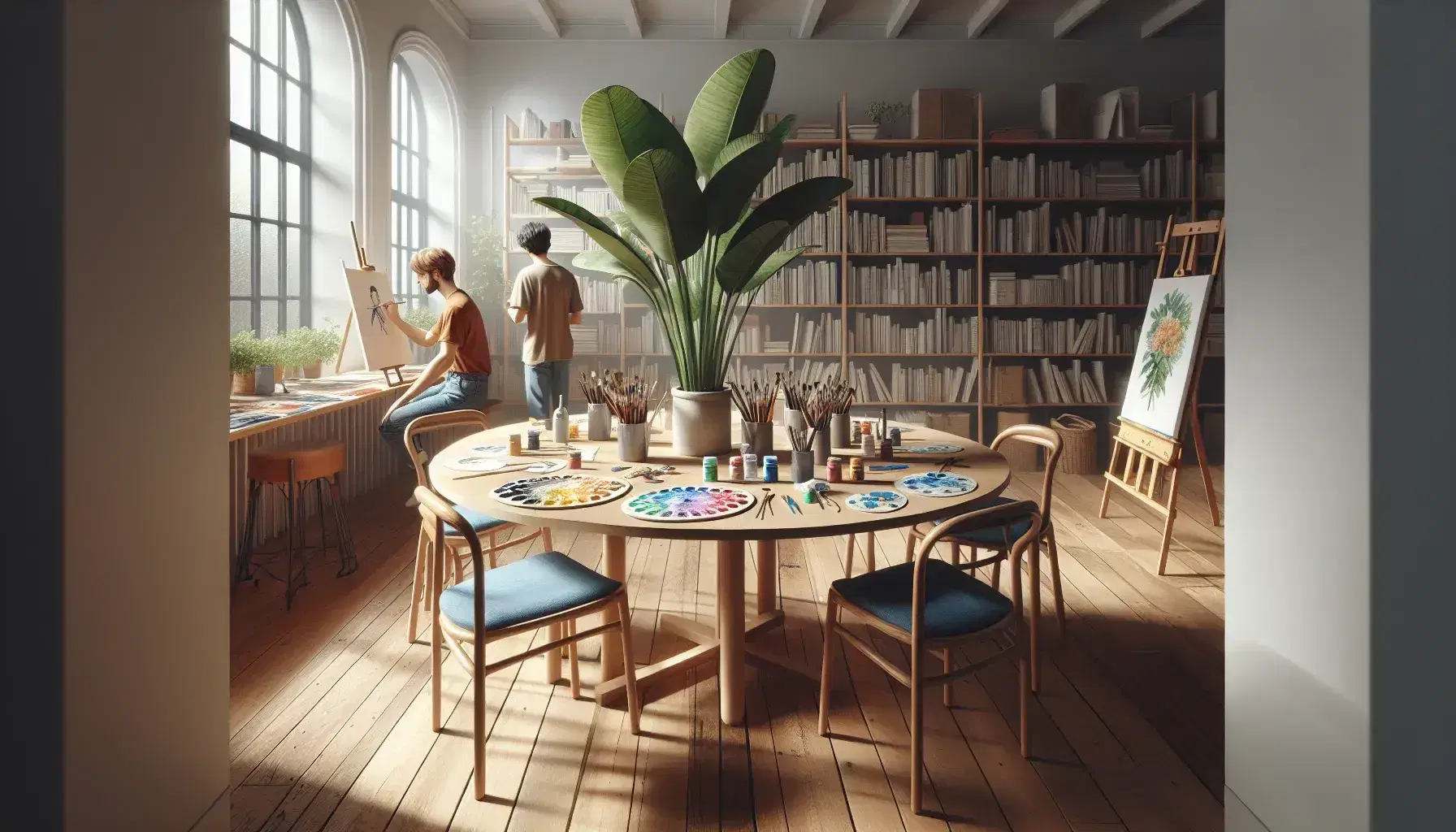Bright art studio with a wooden table, art supplies, two people painting, a bookshelf, and a potted plant, creating a peaceful creative space.